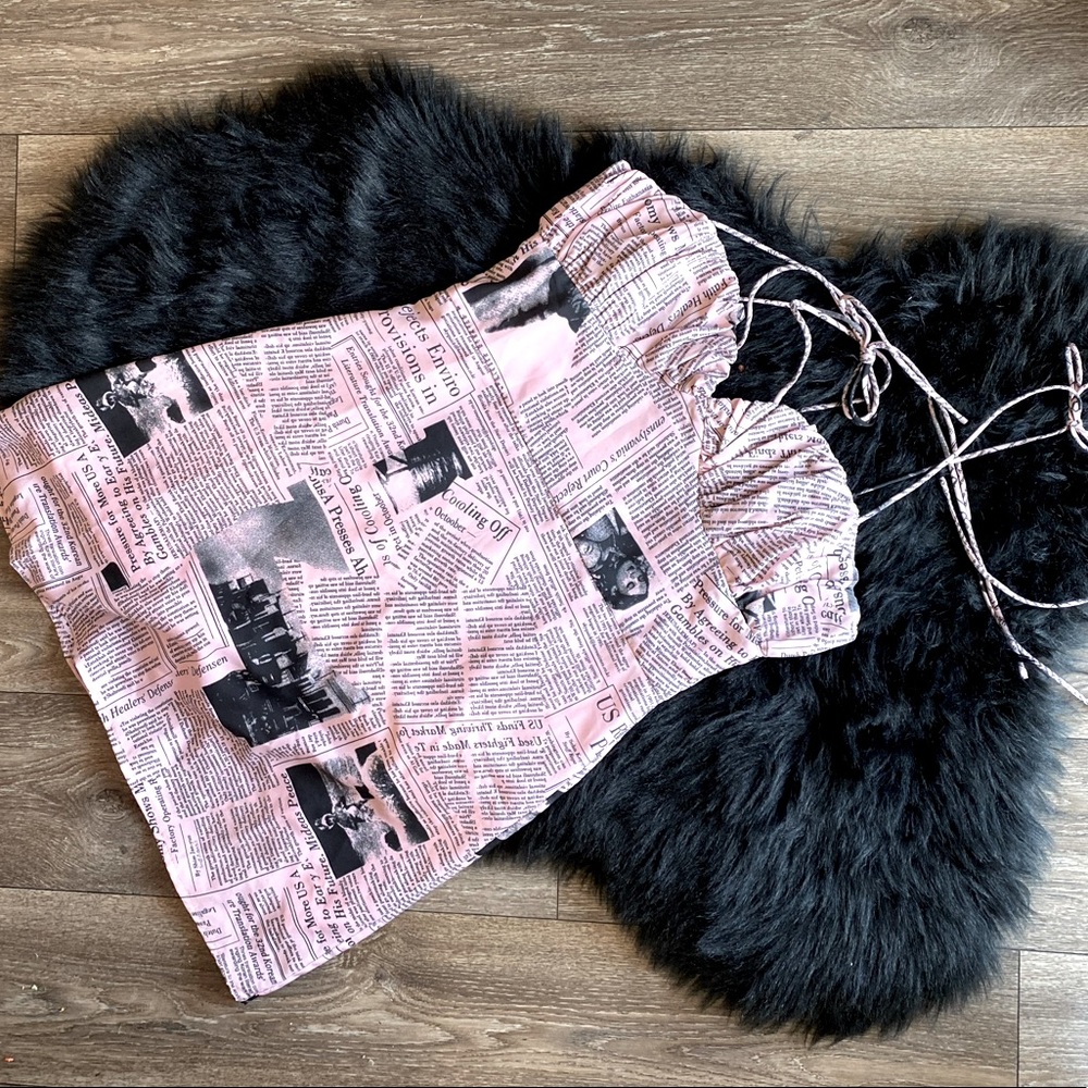 Blush Newspaper print mini dress with tie straps